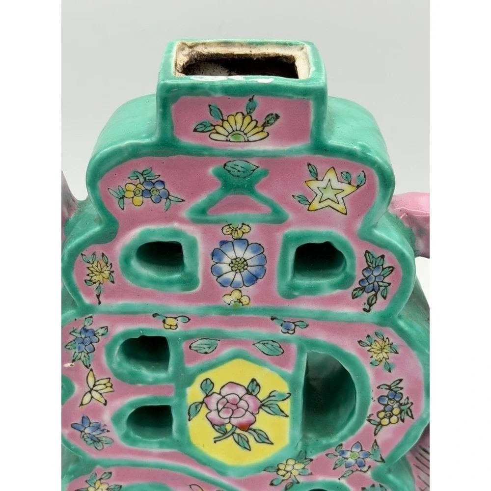 Vintage Chinese Porcelain Planter Teapot Style Pink Green Floral Decor